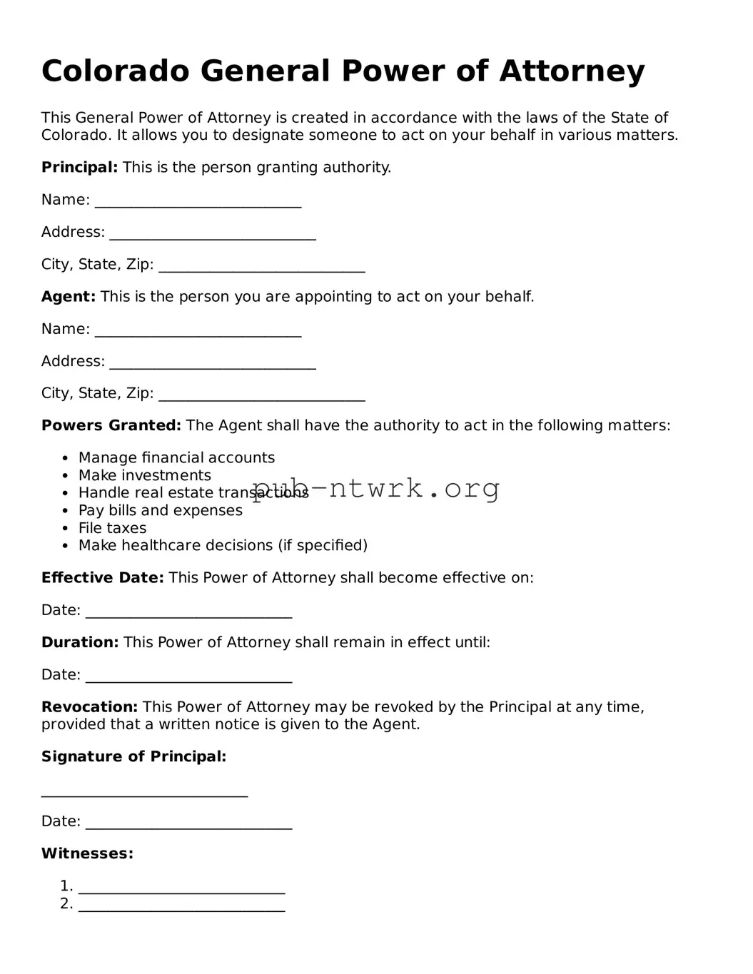 Free Colorado General Power of Attorney Form