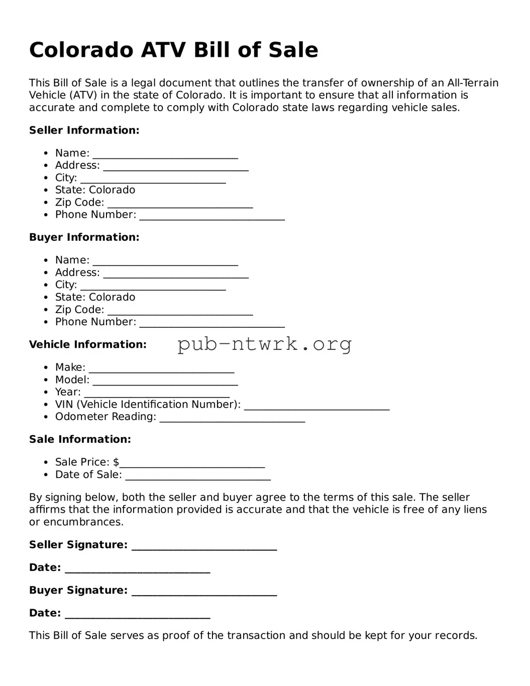 Free Colorado ATV Bill of Sale Form