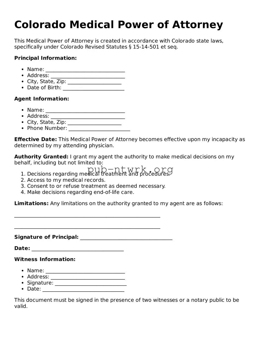 Free Colorado Medical Power of Attorney Form