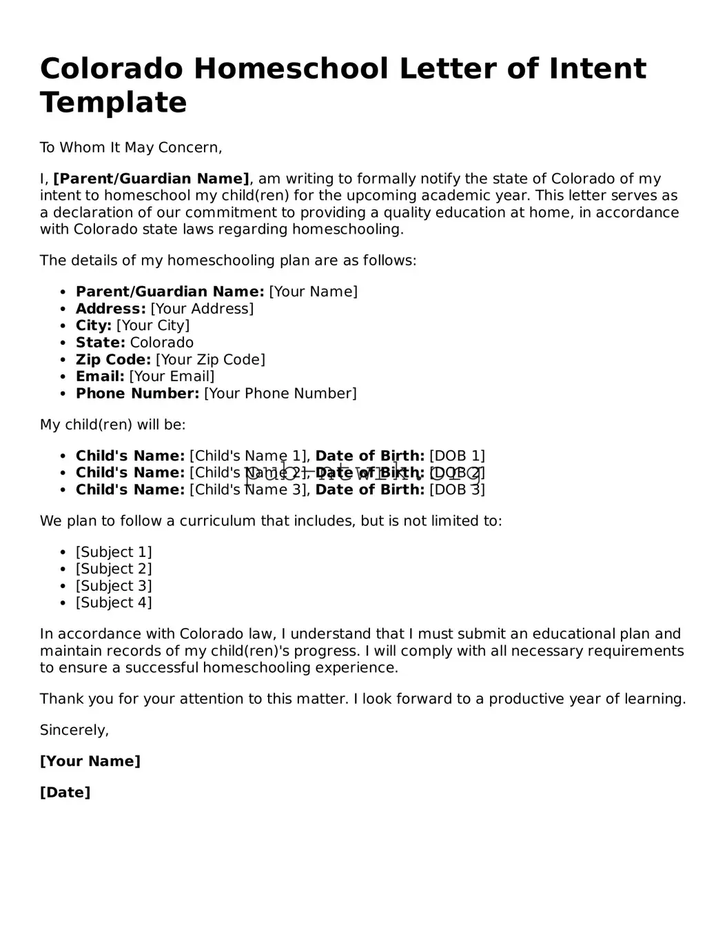 Free Colorado Homeschool Letter of Intent Form