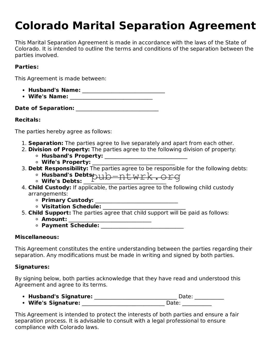 Free Colorado Marital Separation Agreement Form