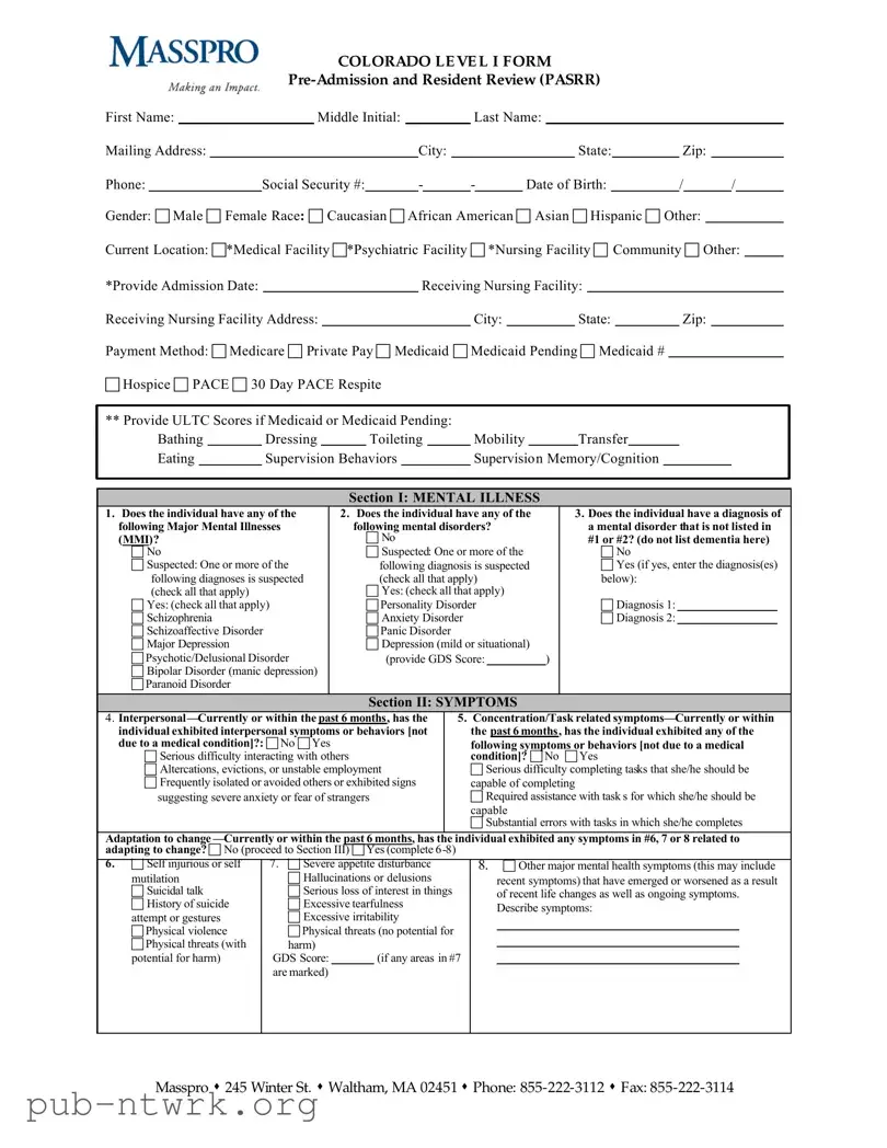 Blank Colorado Post Admission Level 1 Passr PDF Form