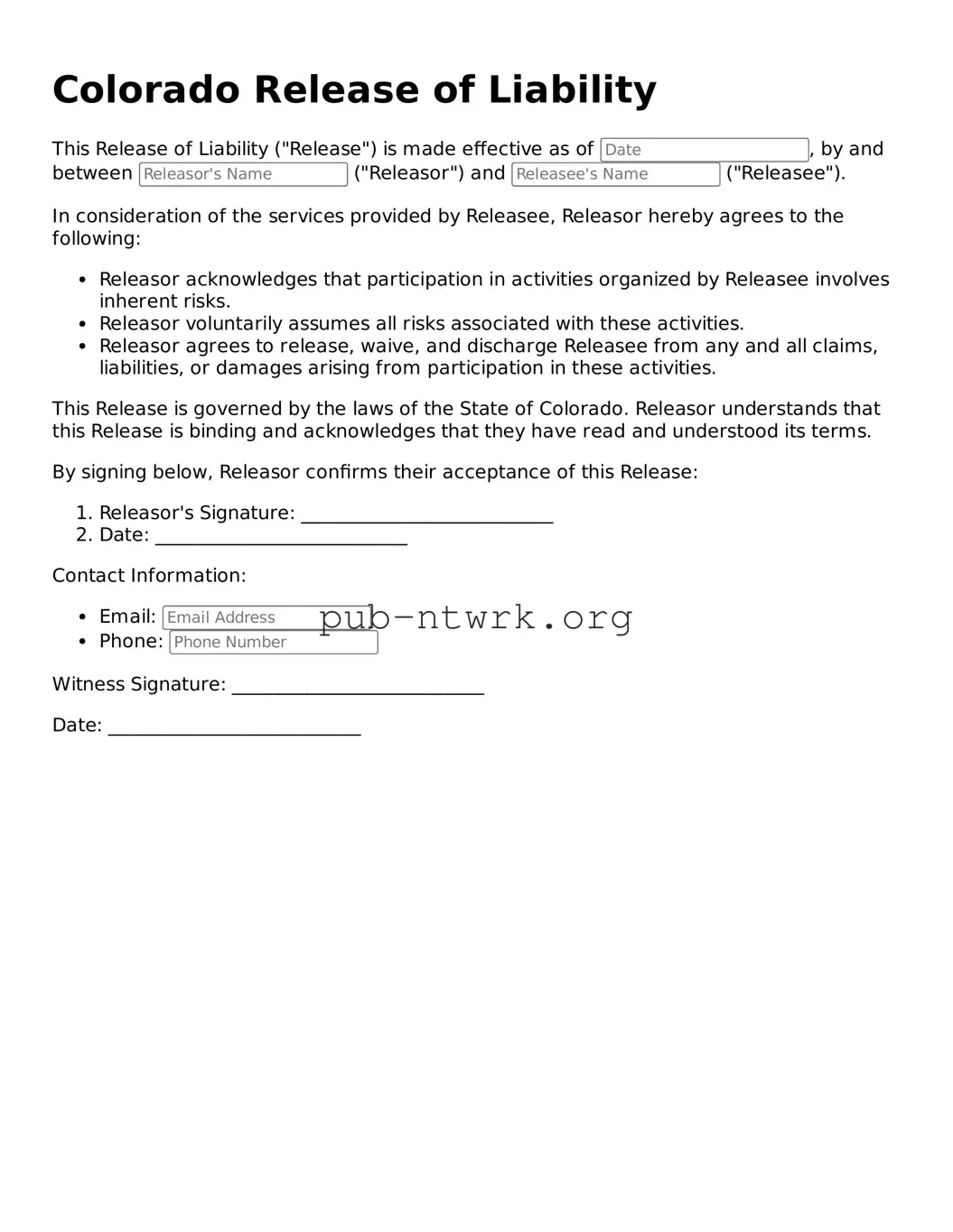 Free Colorado Release of Liability Form