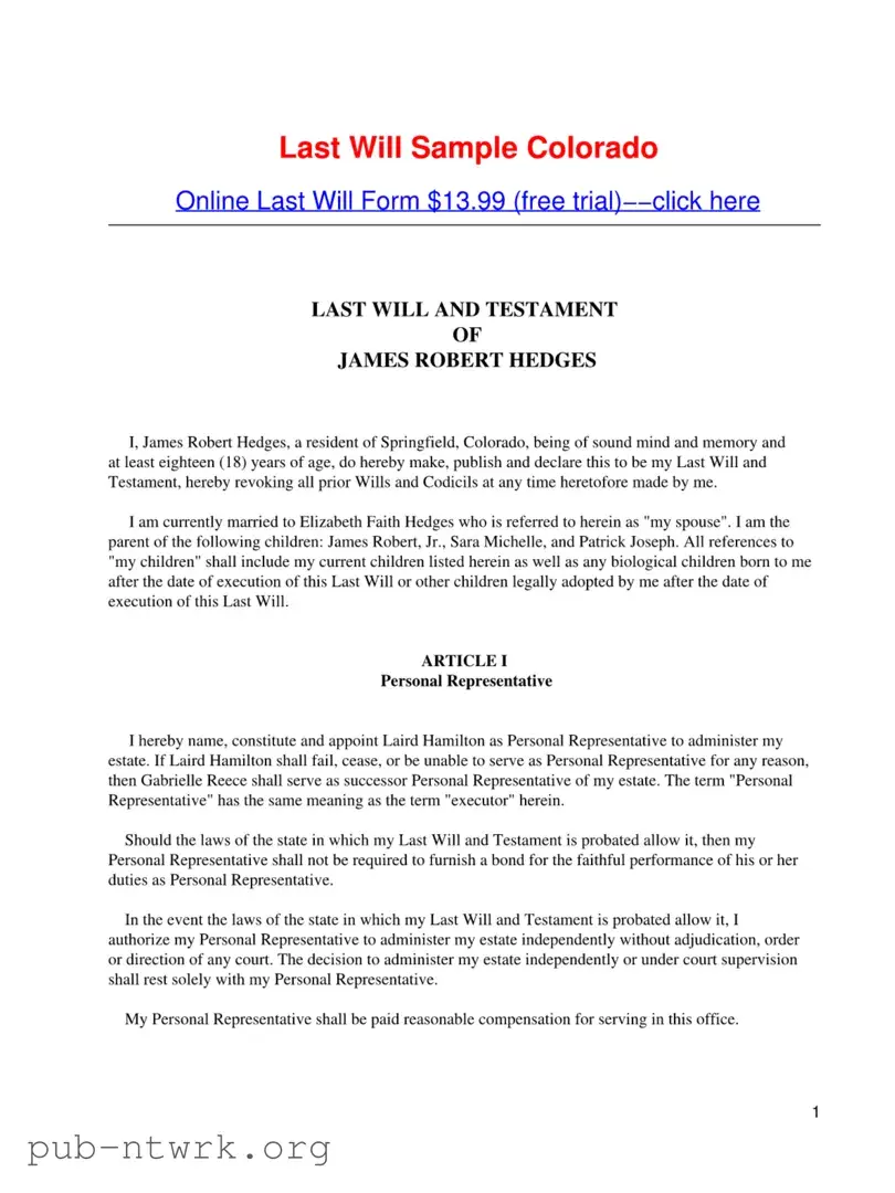 Blank Colorado Will PDF Form