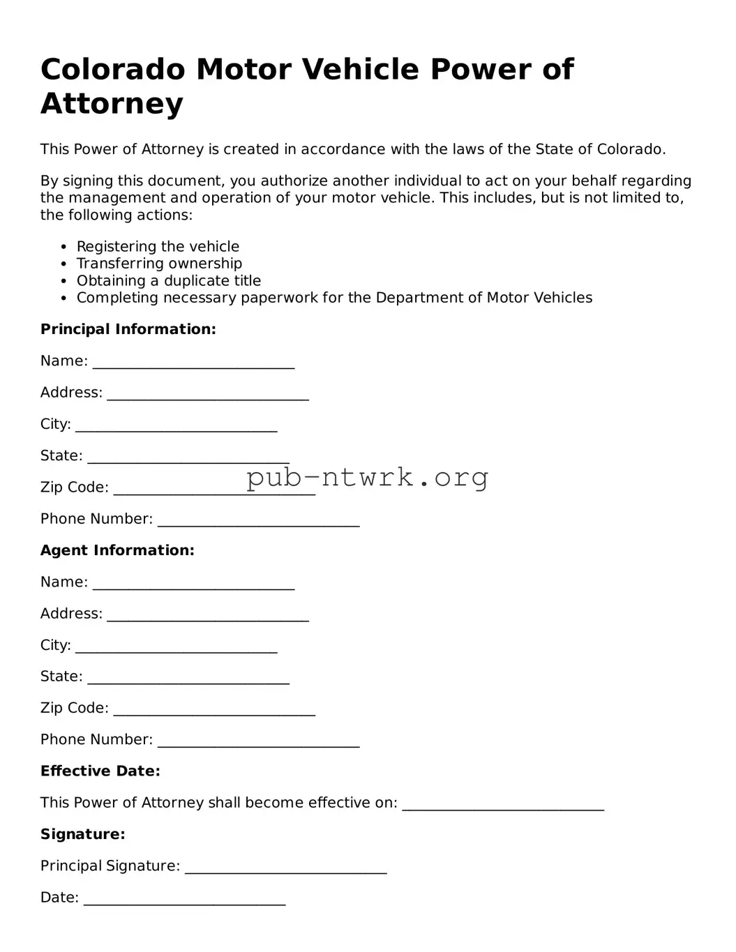 Free Colorado Motor Vehicle Power of Attorney Form