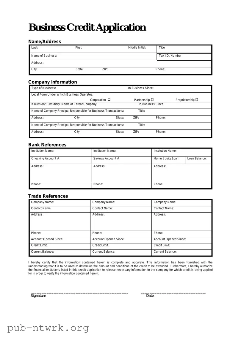 Blank Business Credit Application PDF Form