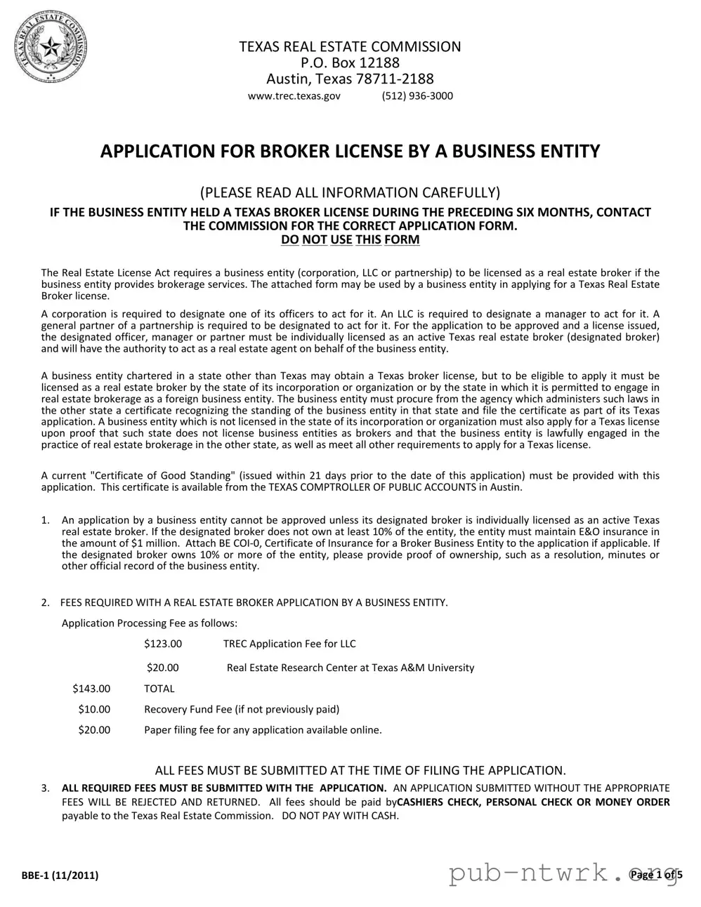 Blank Texas Bbe 1 PDF Form