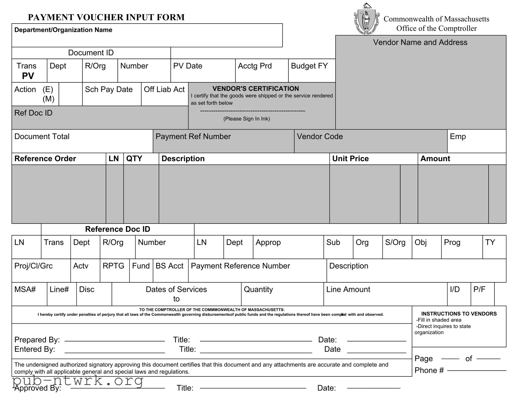 Blank Massachusetts Payment Voucher PDF Form