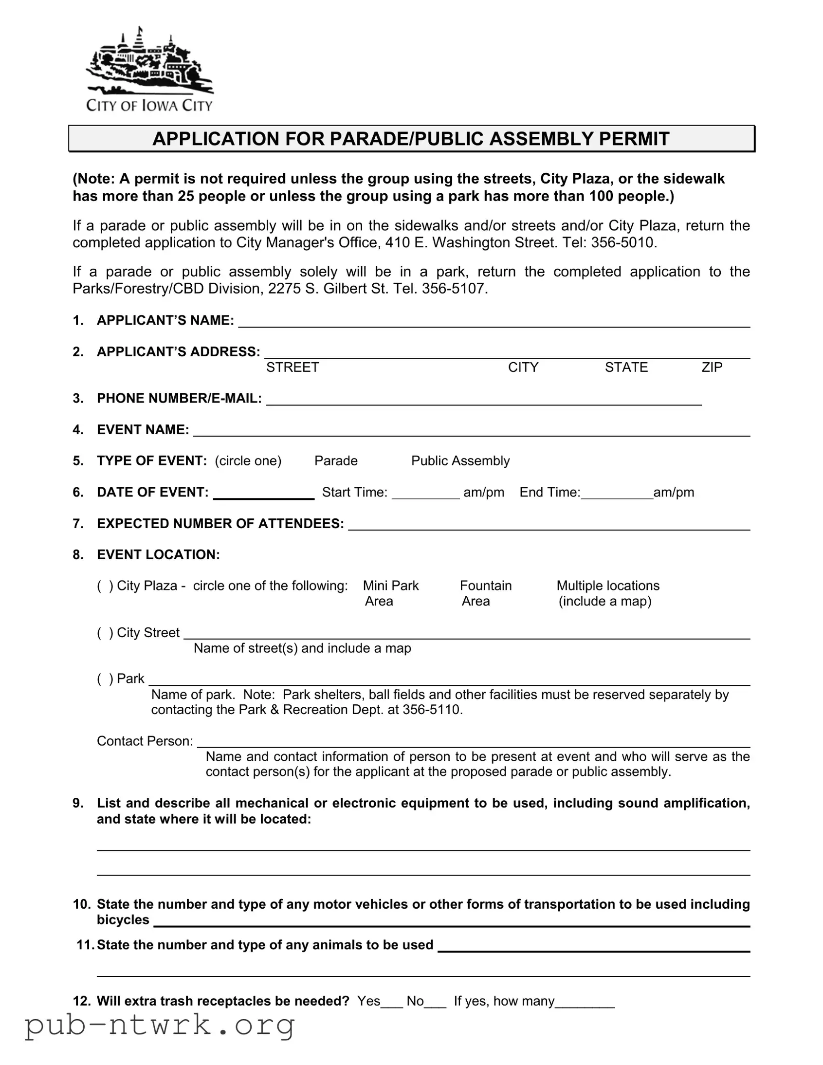 Blank Iowa Public Assembly Permit PDF Form