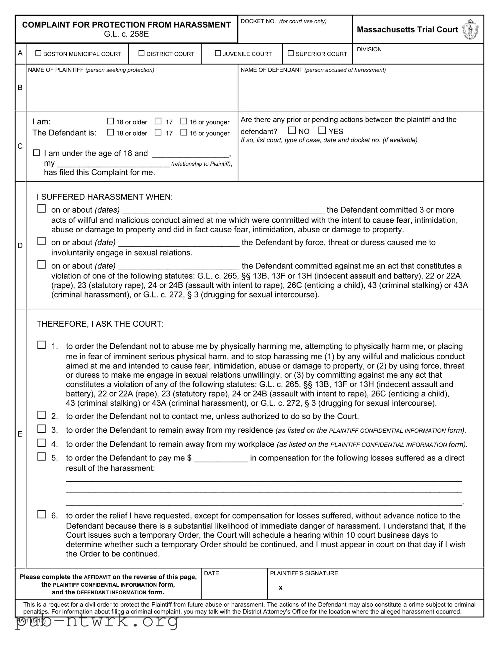 Blank Massachusetts Protection Harassment PDF Form
