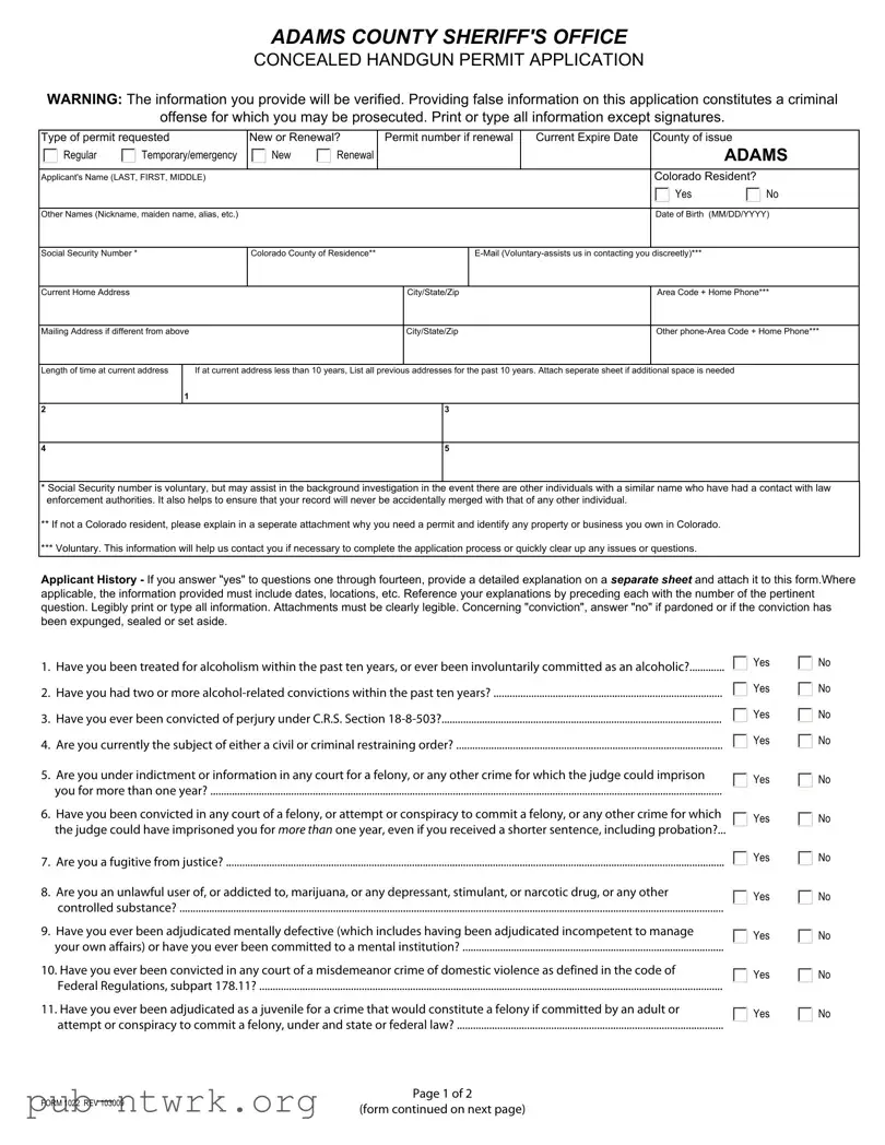 Blank Adams County Colorado Concealed Permit PDF Form