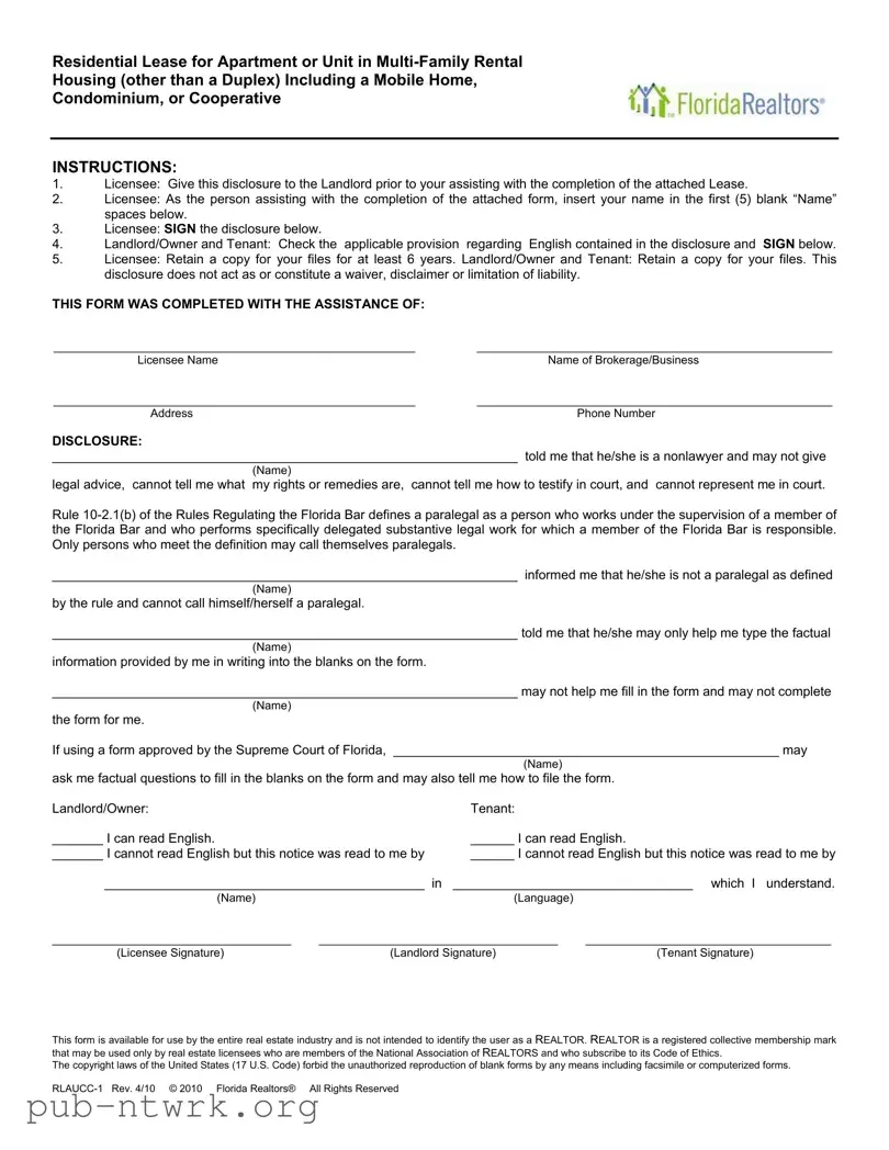 Blank Florida Realtors Residential Lease PDF Form
