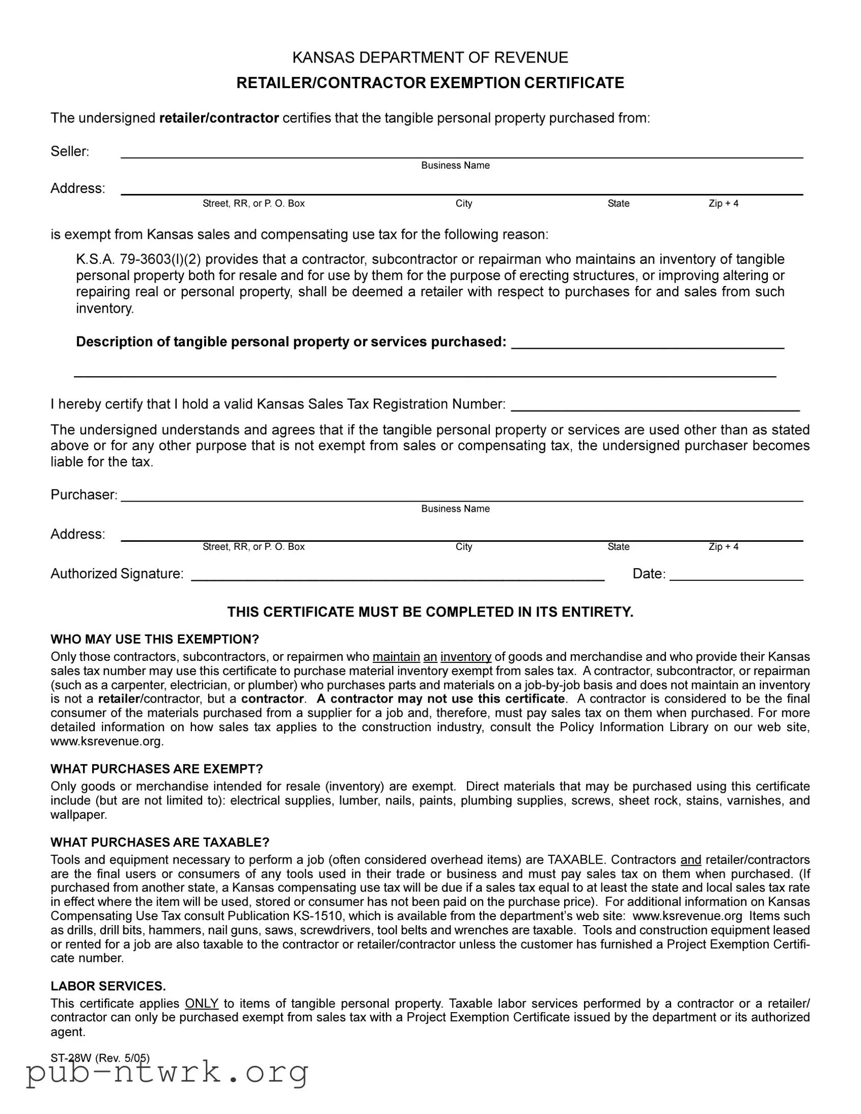 Blank Kansas St 28W PDF Form