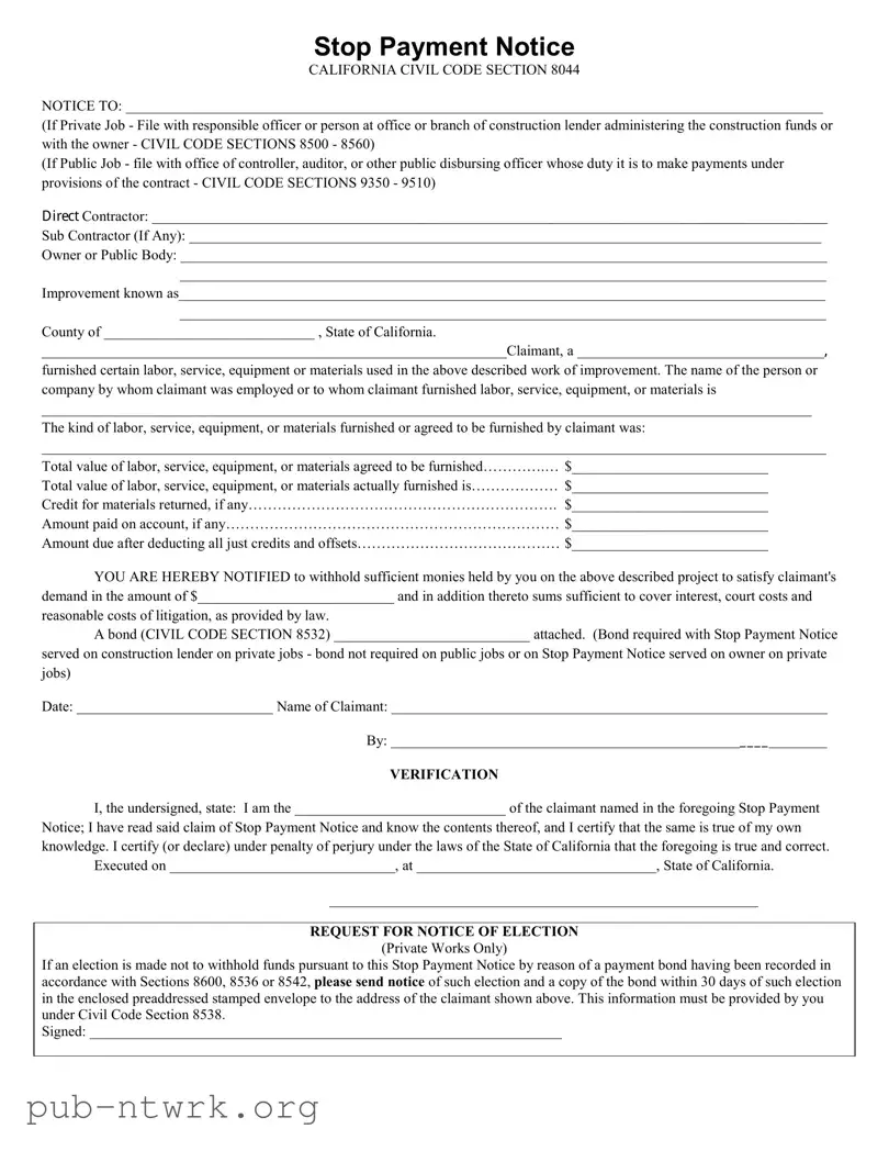 Blank California Stop Payment PDF Form