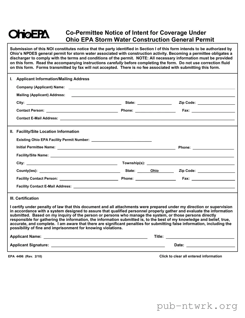 Blank Ohio Epa 4496 PDF Form