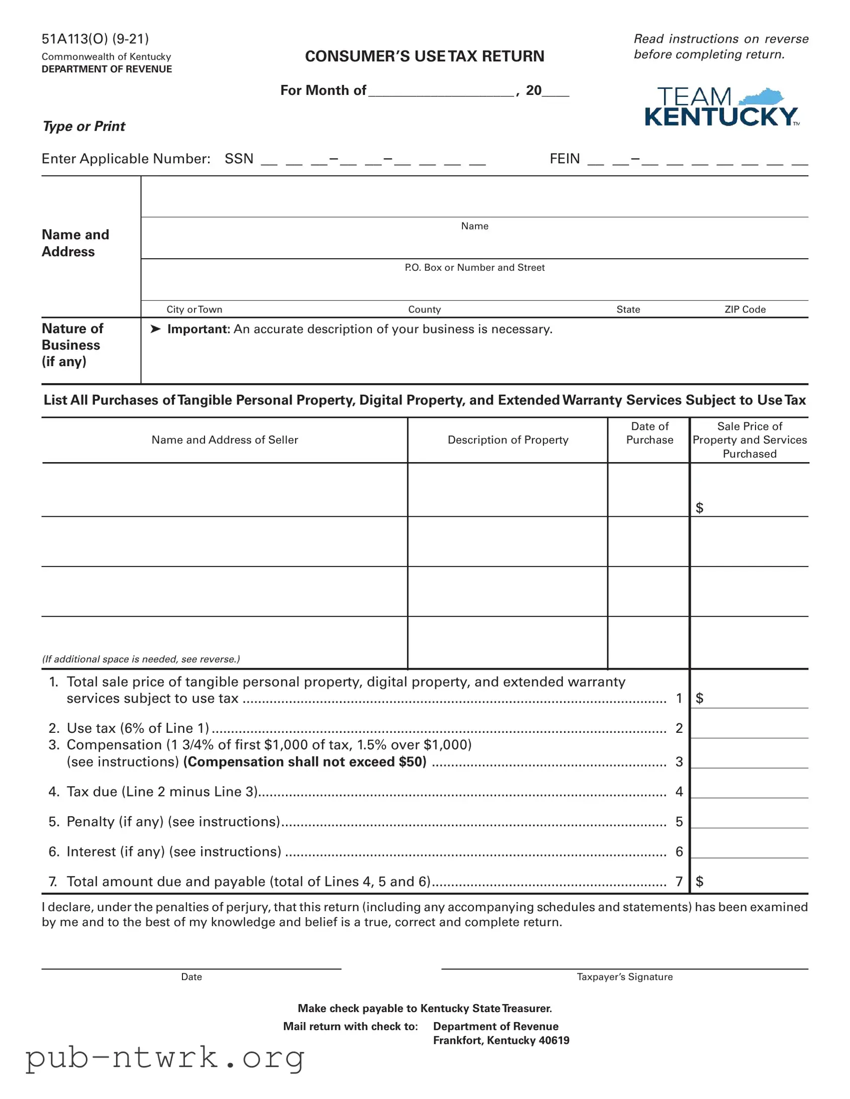 Blank Kentucky 51A113 PDF Form
