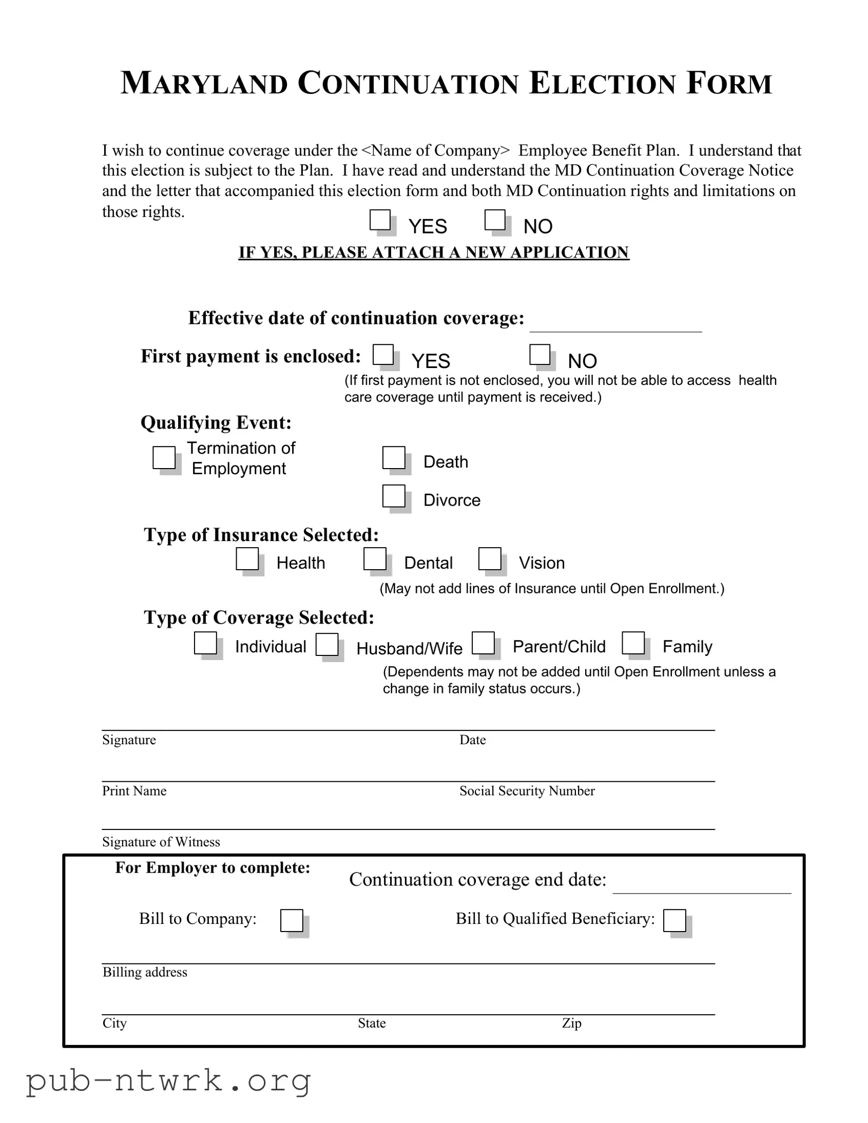 Blank Maryland Continuation Election PDF Form