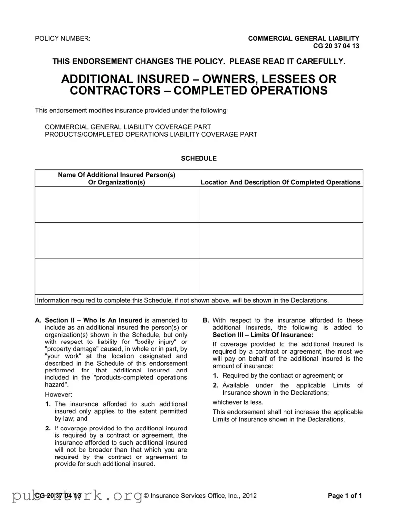 Blank Additional Insured PDF Form