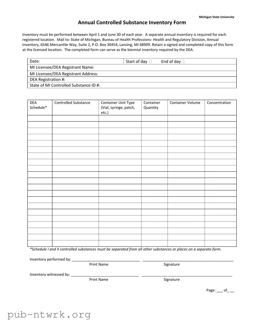 Blank Control Substance Inventory Michigan PDF Form