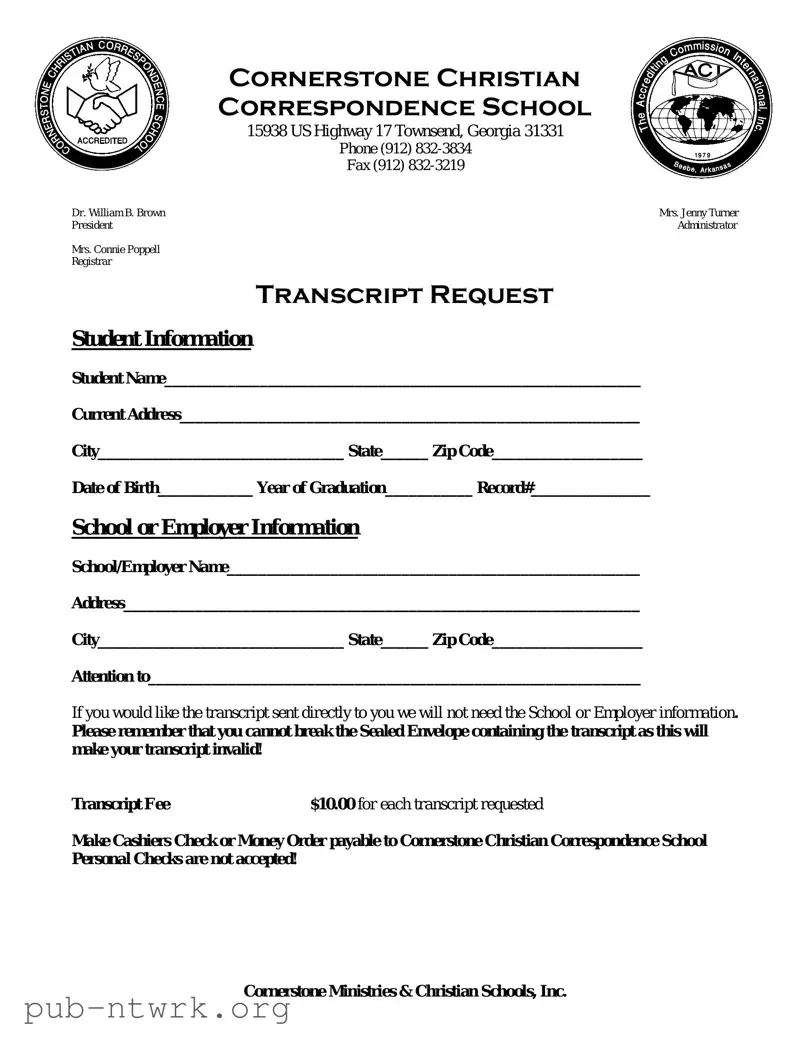 Blank Cornerstone Christian Correspondence School Transcript PDF Form