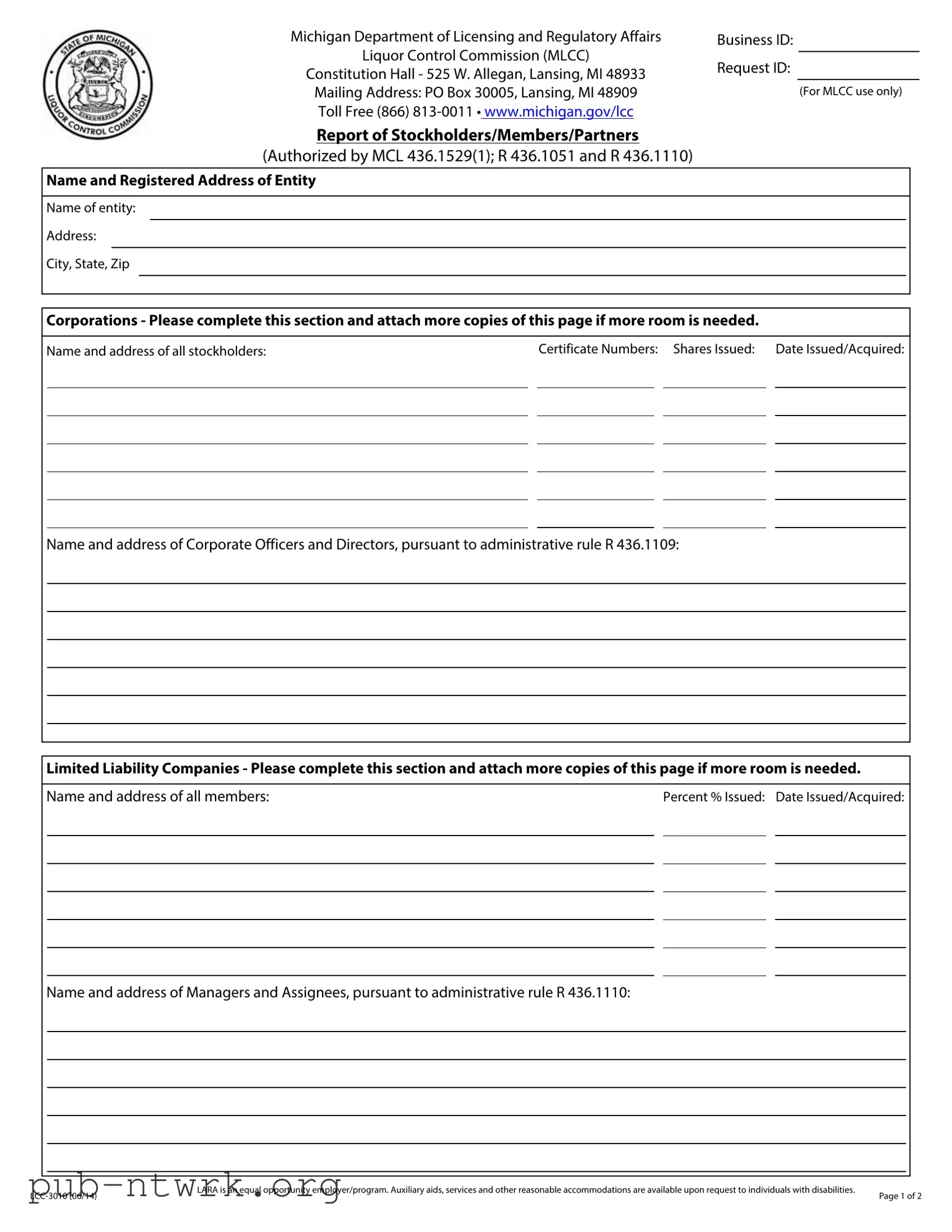 Blank Michigan Lcc 3010 PDF Form