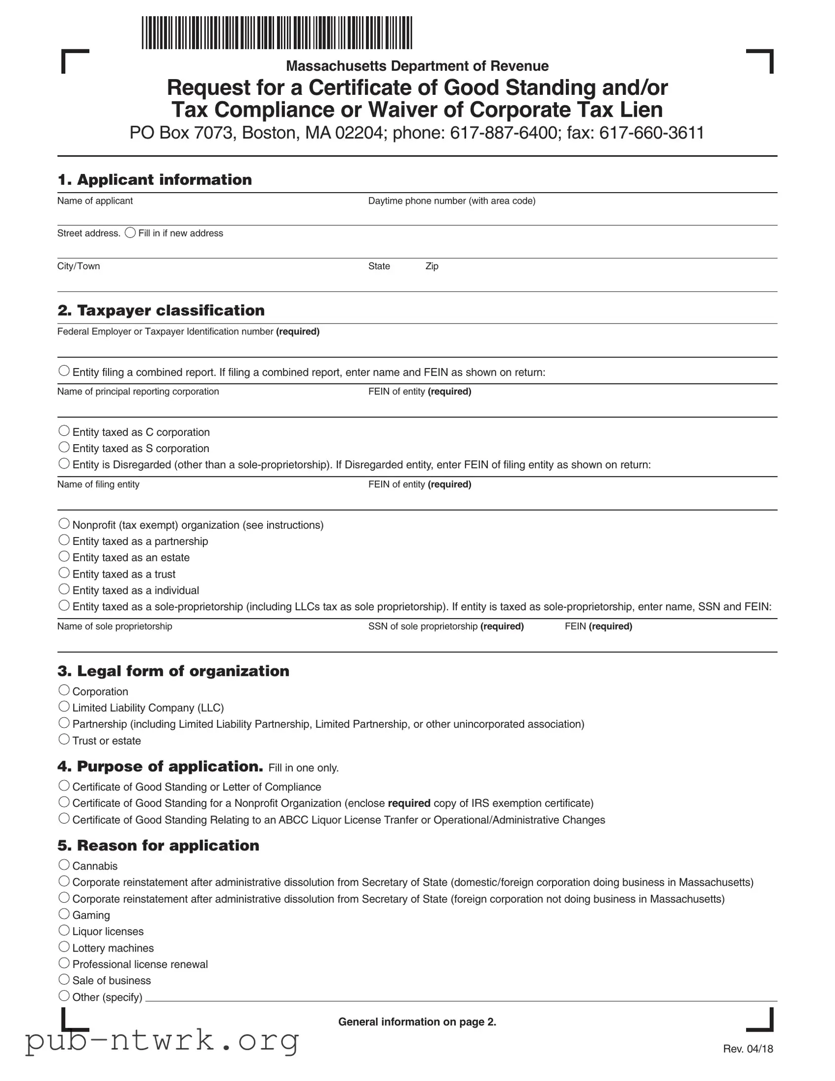 Blank Massachusetts Certificate Tax PDF Form