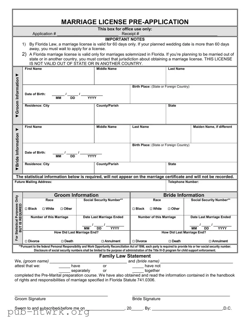 Blank Florida Marriage Application PDF Form