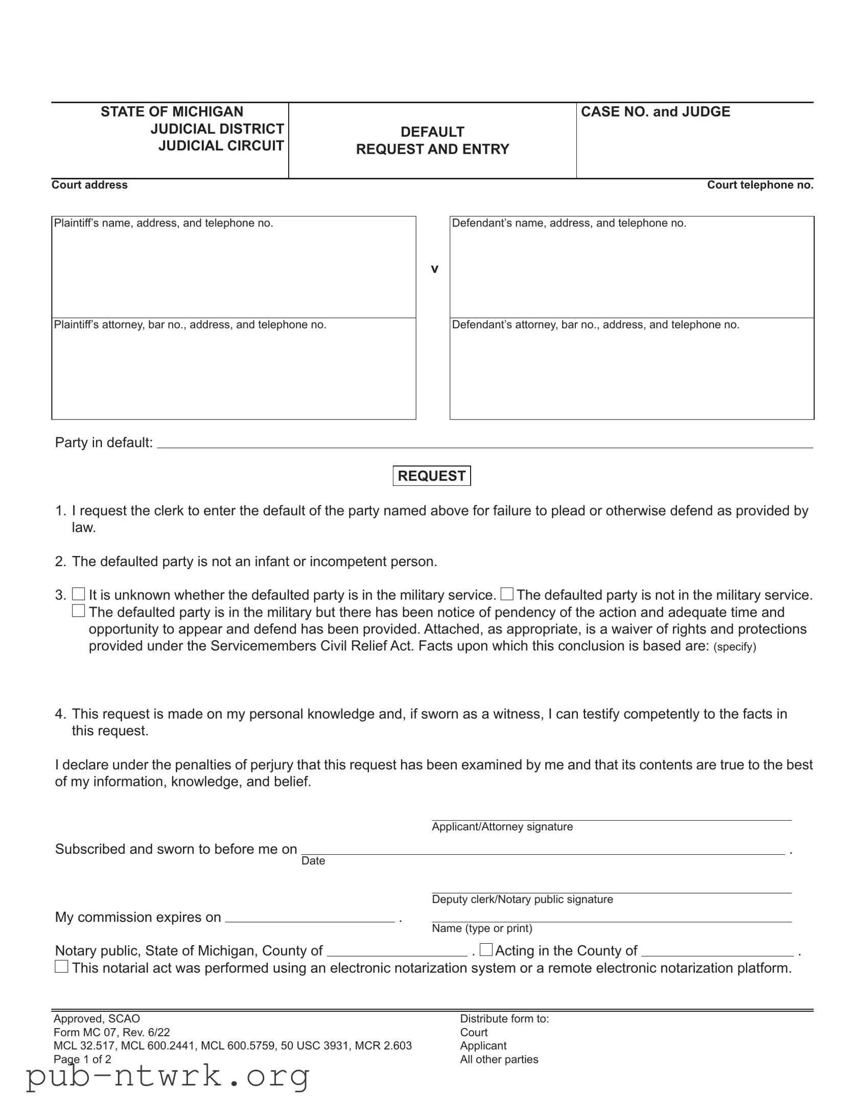 Blank Michigan Mc 07 PDF Form