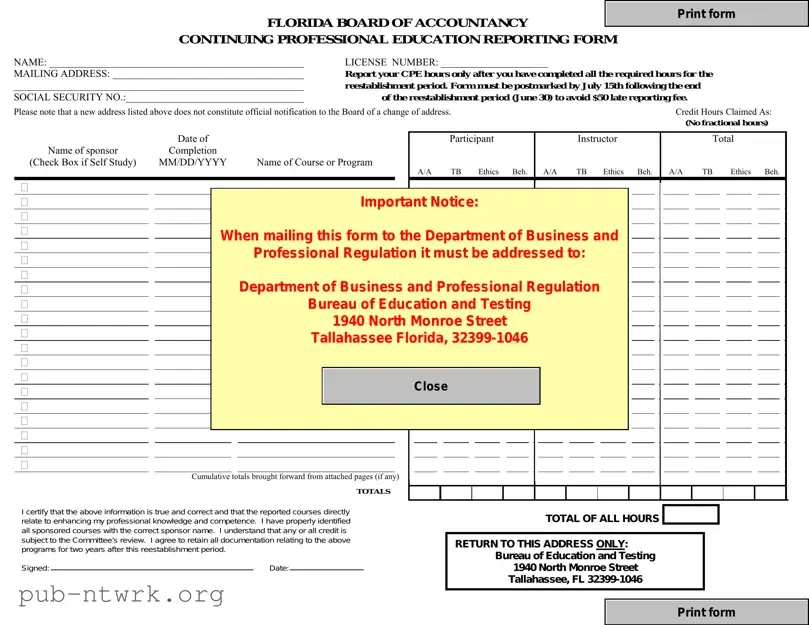 Blank Cpe Reporting Florida PDF Form