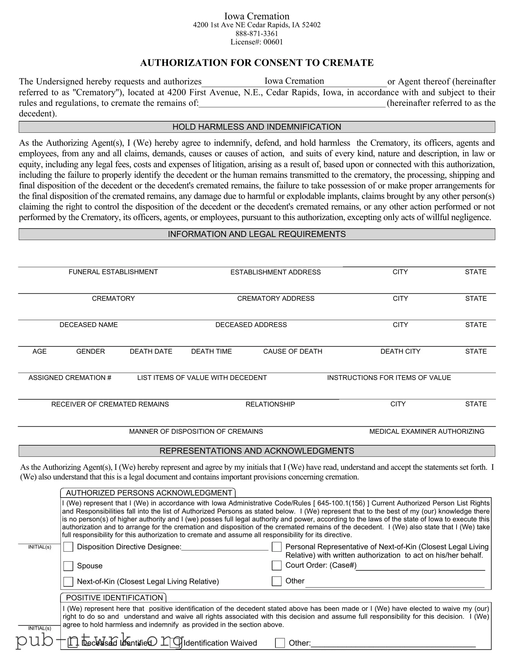 Blank Iowa Cremation Authorization PDF Form
