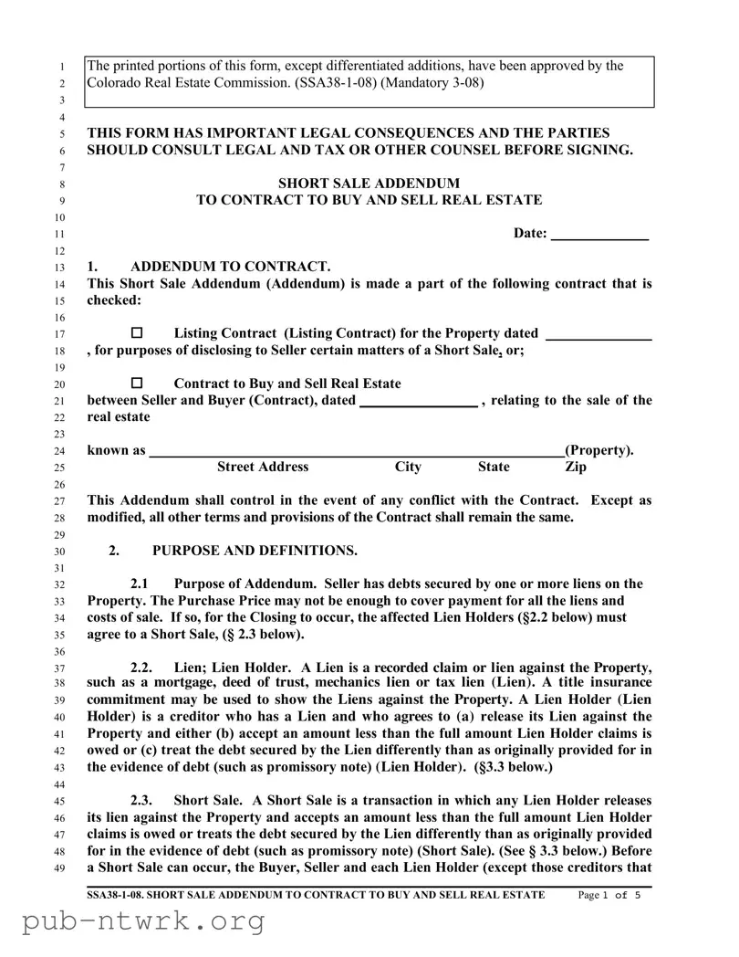 Blank Colorado Short Sale Addendum PDF Form