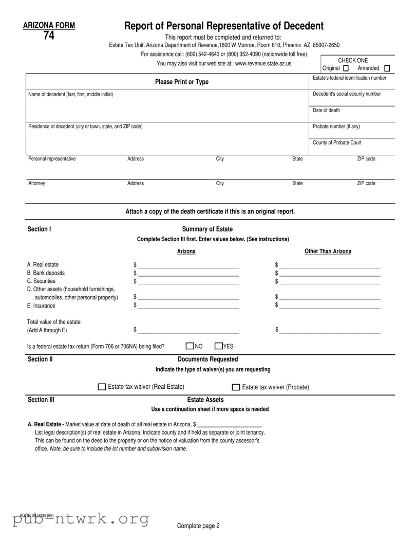 Blank Arizona 74 PDF Form