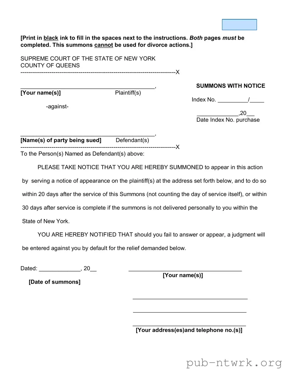 Blank New York Court Summons PDF Form