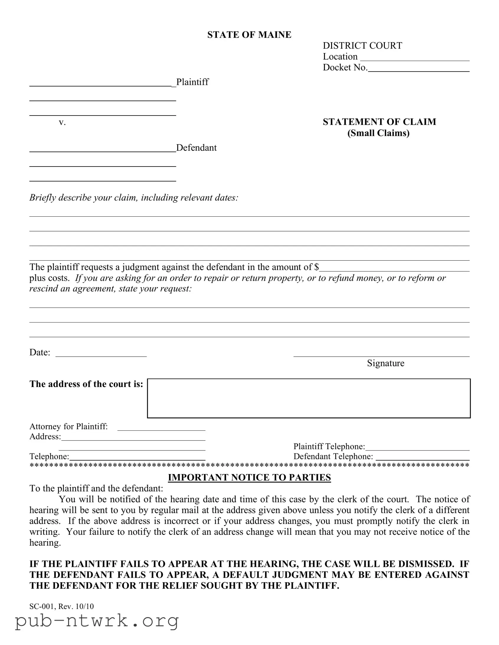Blank Maine Sc 001 PDF Form