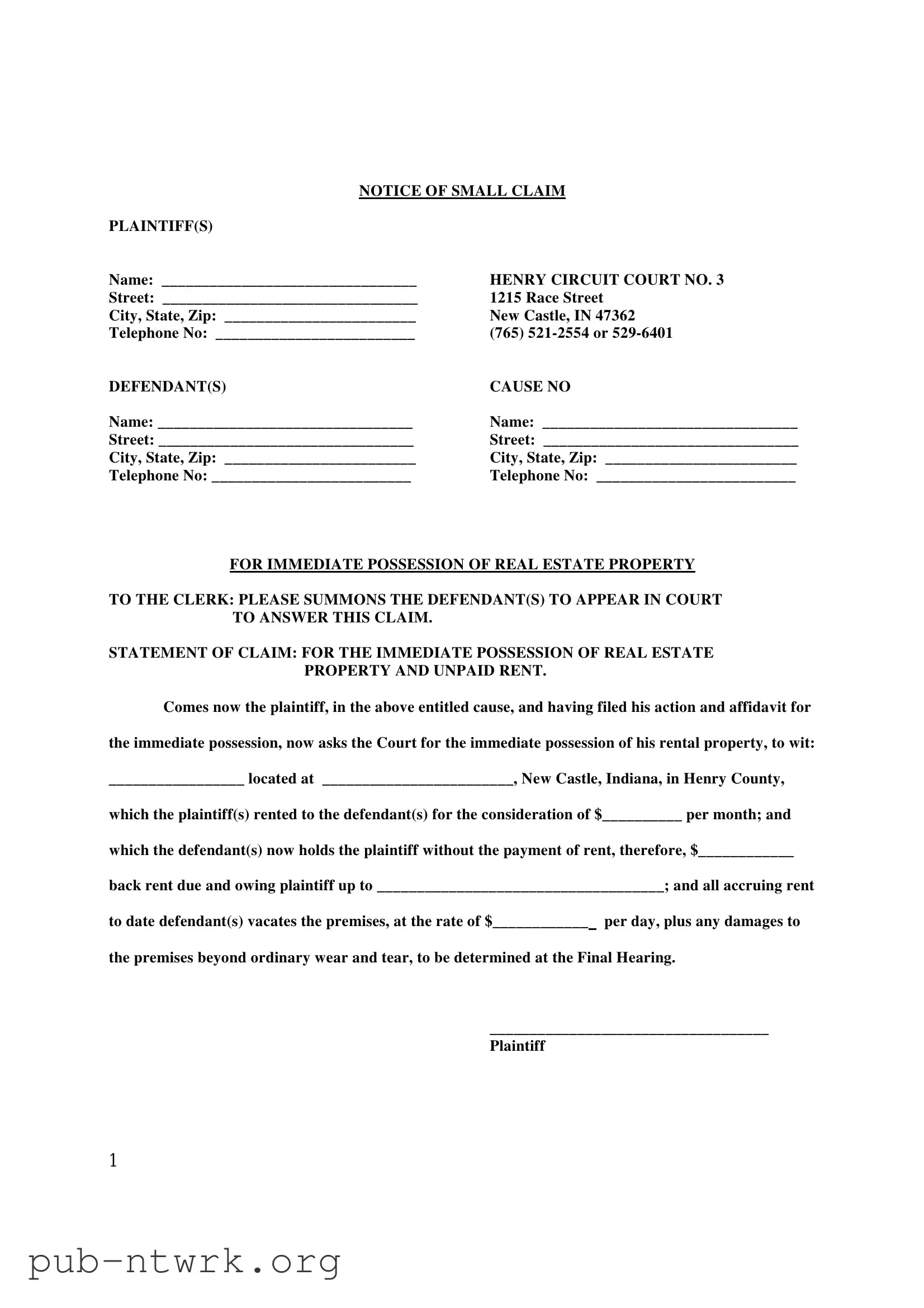 Blank Indiana Immediate Possession PDF Form