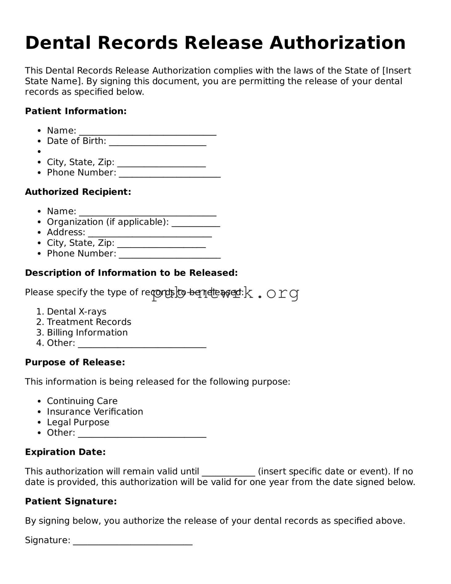 Legal Dental Records Release Form