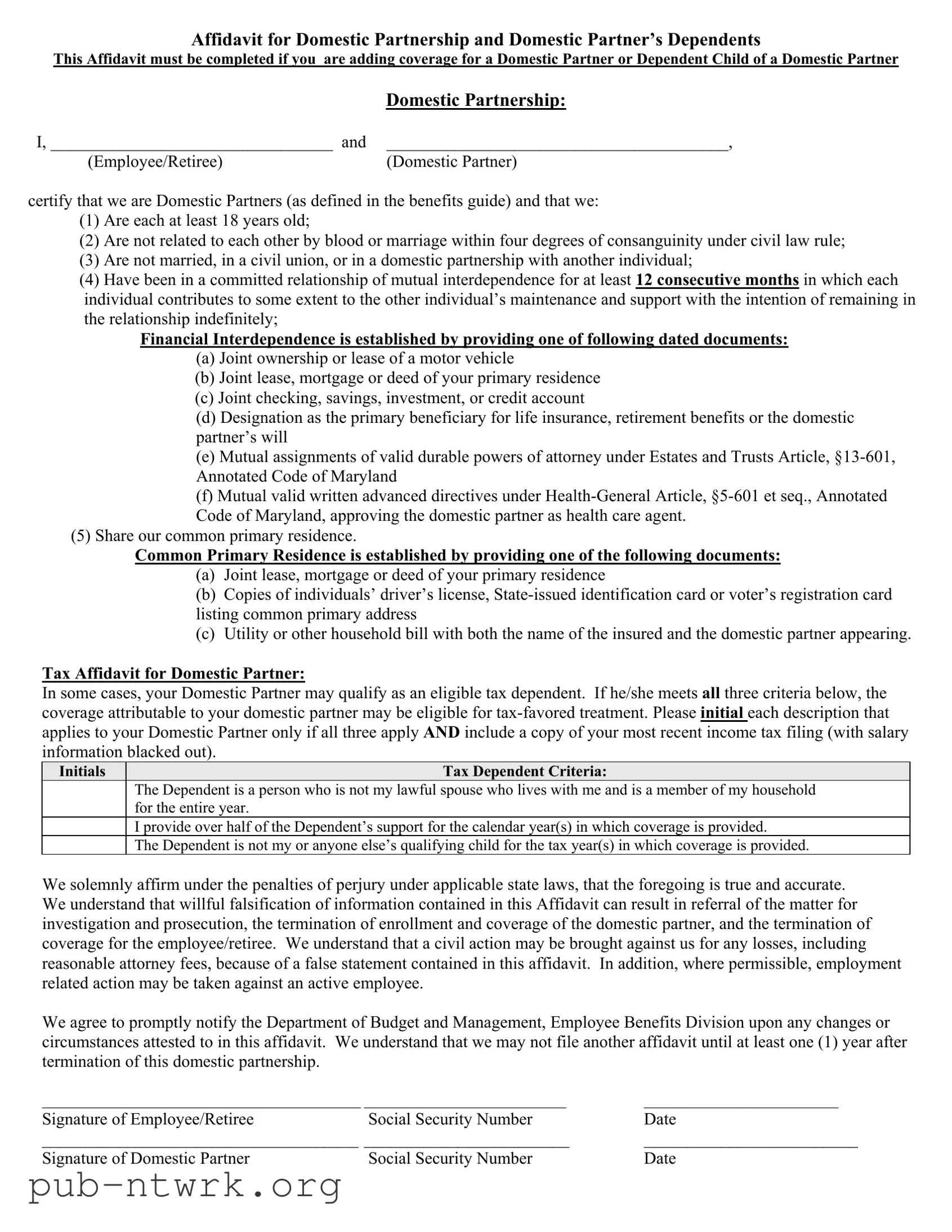 Blank Maryland Domestic Partnership PDF Form
