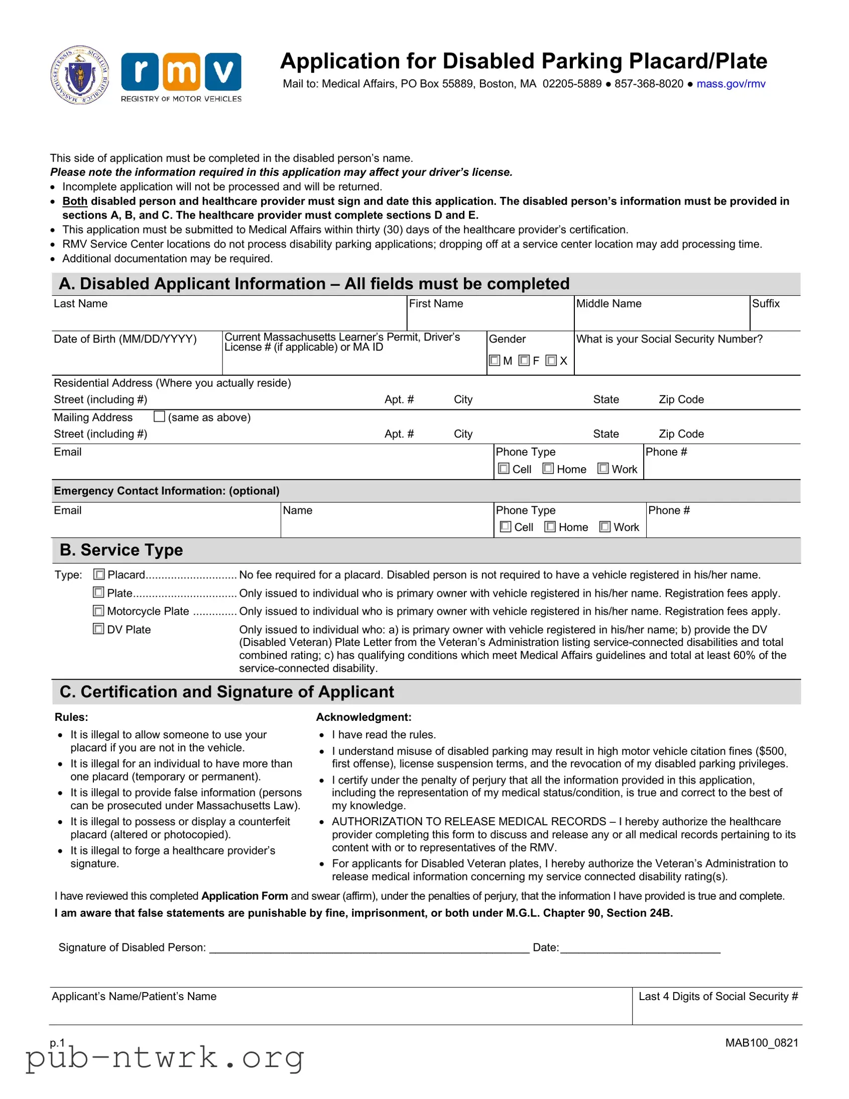 Blank Massachusetts Disabled Parking App PDF Form