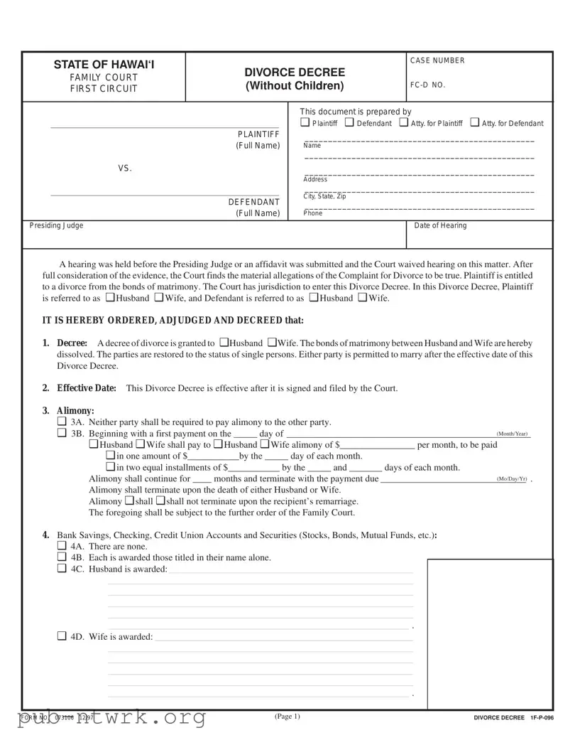 Blank Divorce Decree Hawaii PDF Form