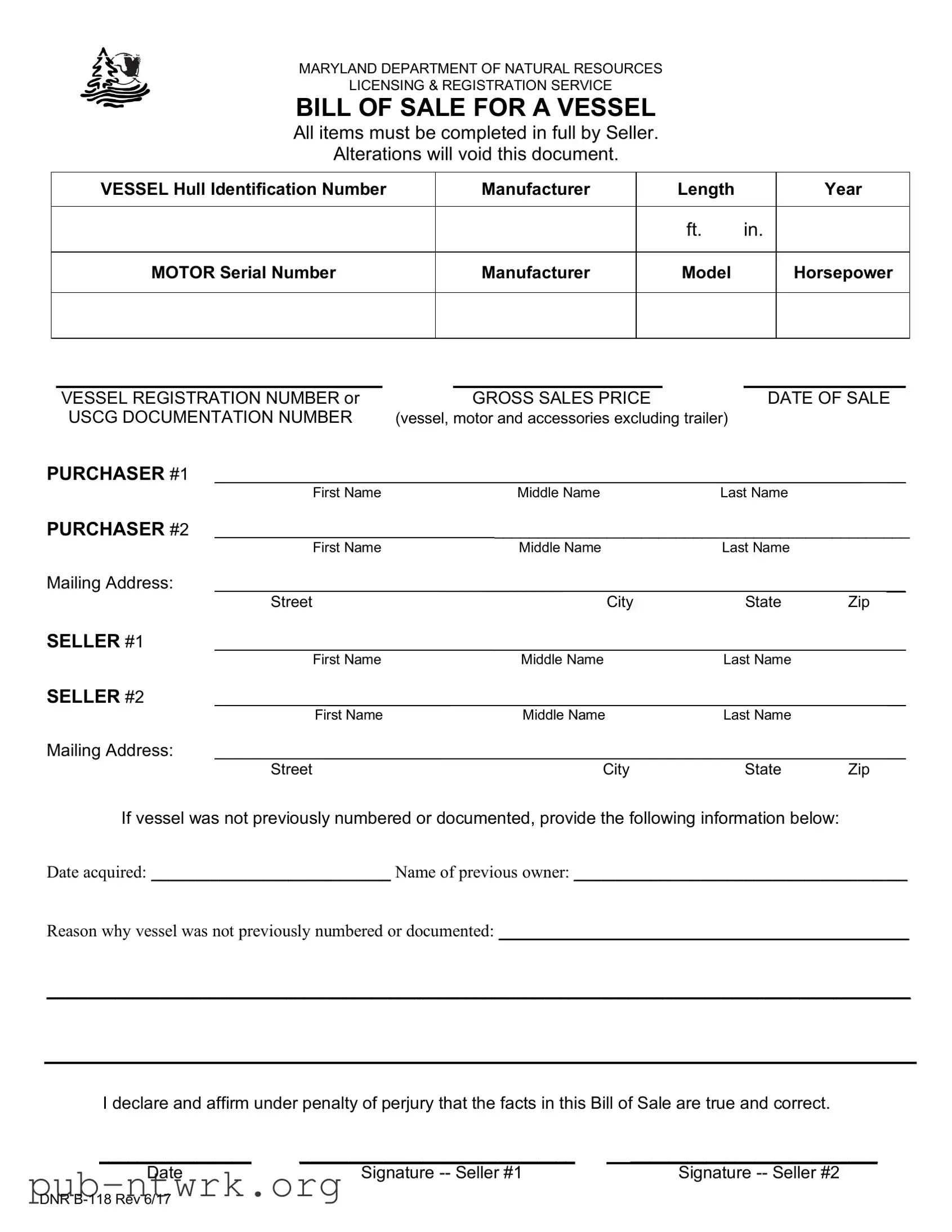 Blank Maryland Boat Bill of Sale DNR B-118 PDF Form