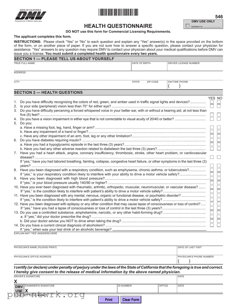 Blank California Dmv Dl 546 PDF Form