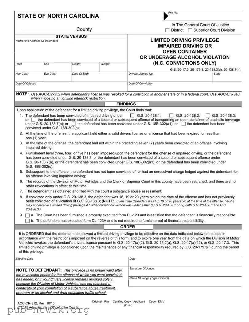 Blank Driving Privileges Letter North Carolina PDF Form