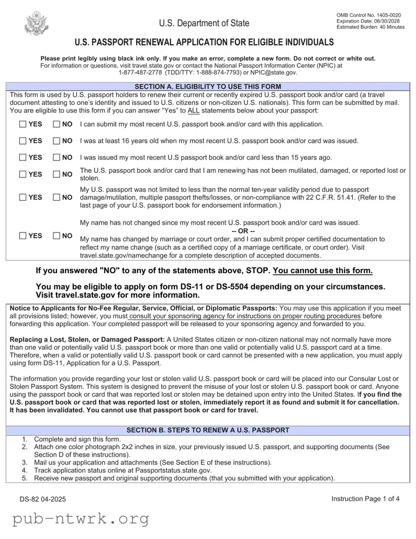 Blank DS-82 01-2017 US Passport Renewal Application PDF Form