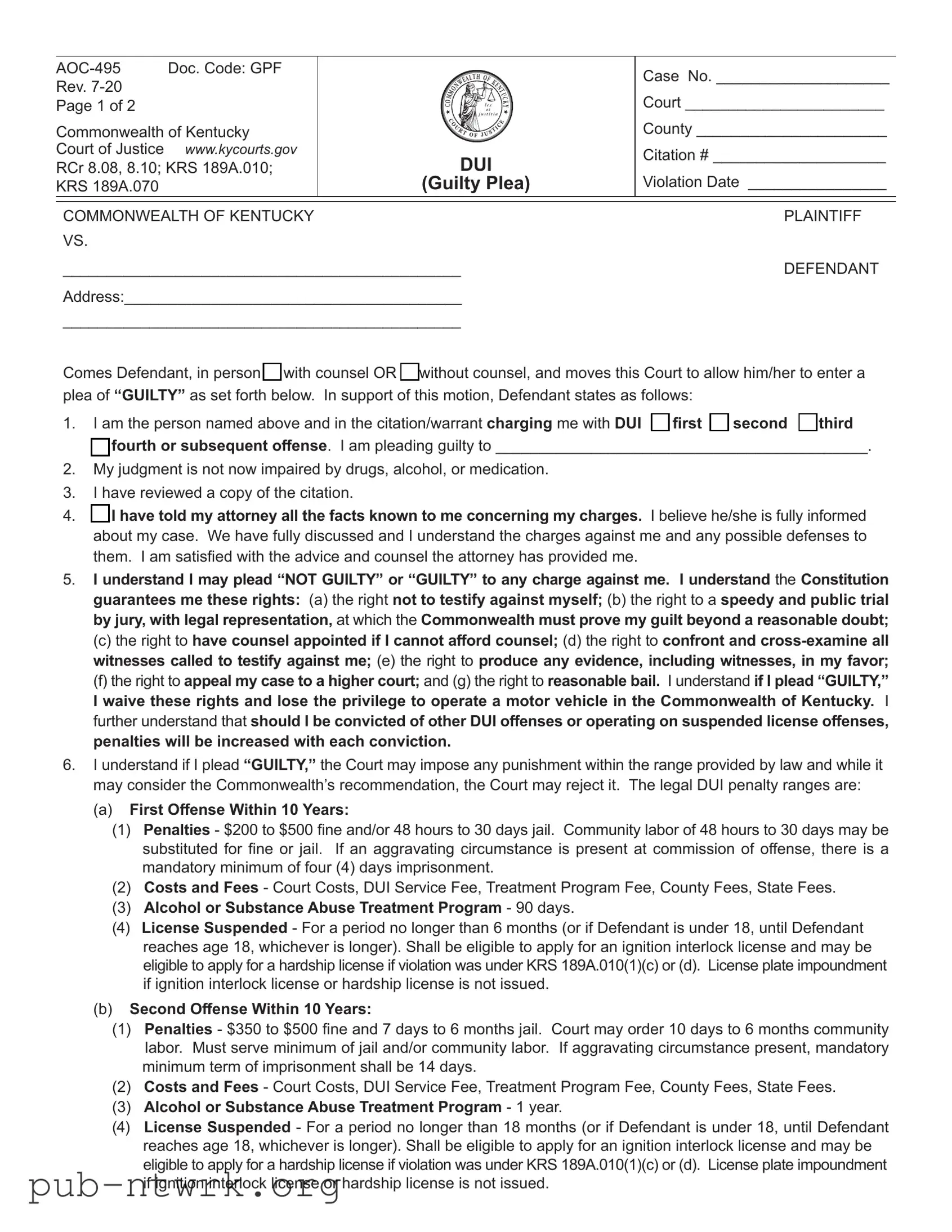 Blank Kentucky Aoc 495 PDF Form