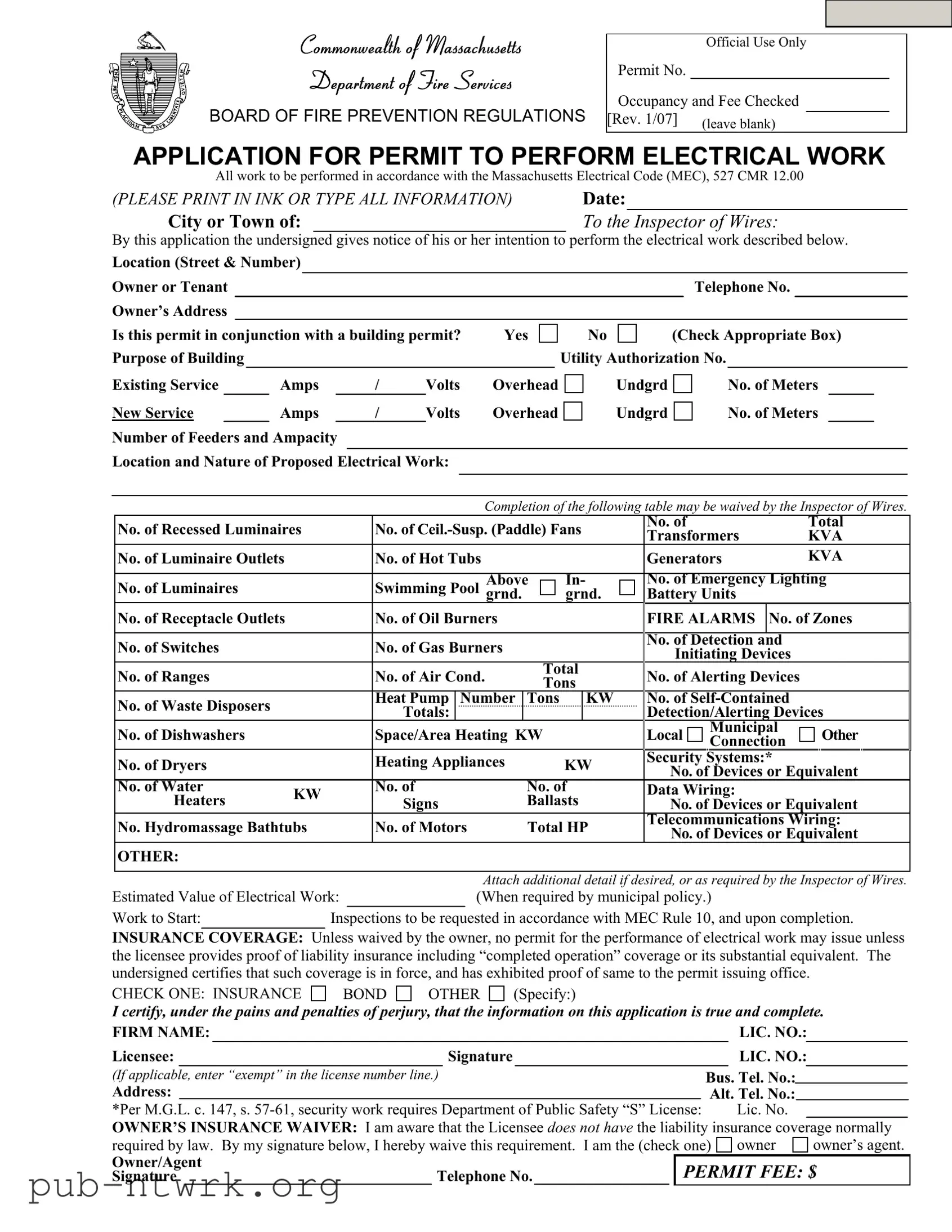 Blank Massachusetts Permit Electrical PDF Form