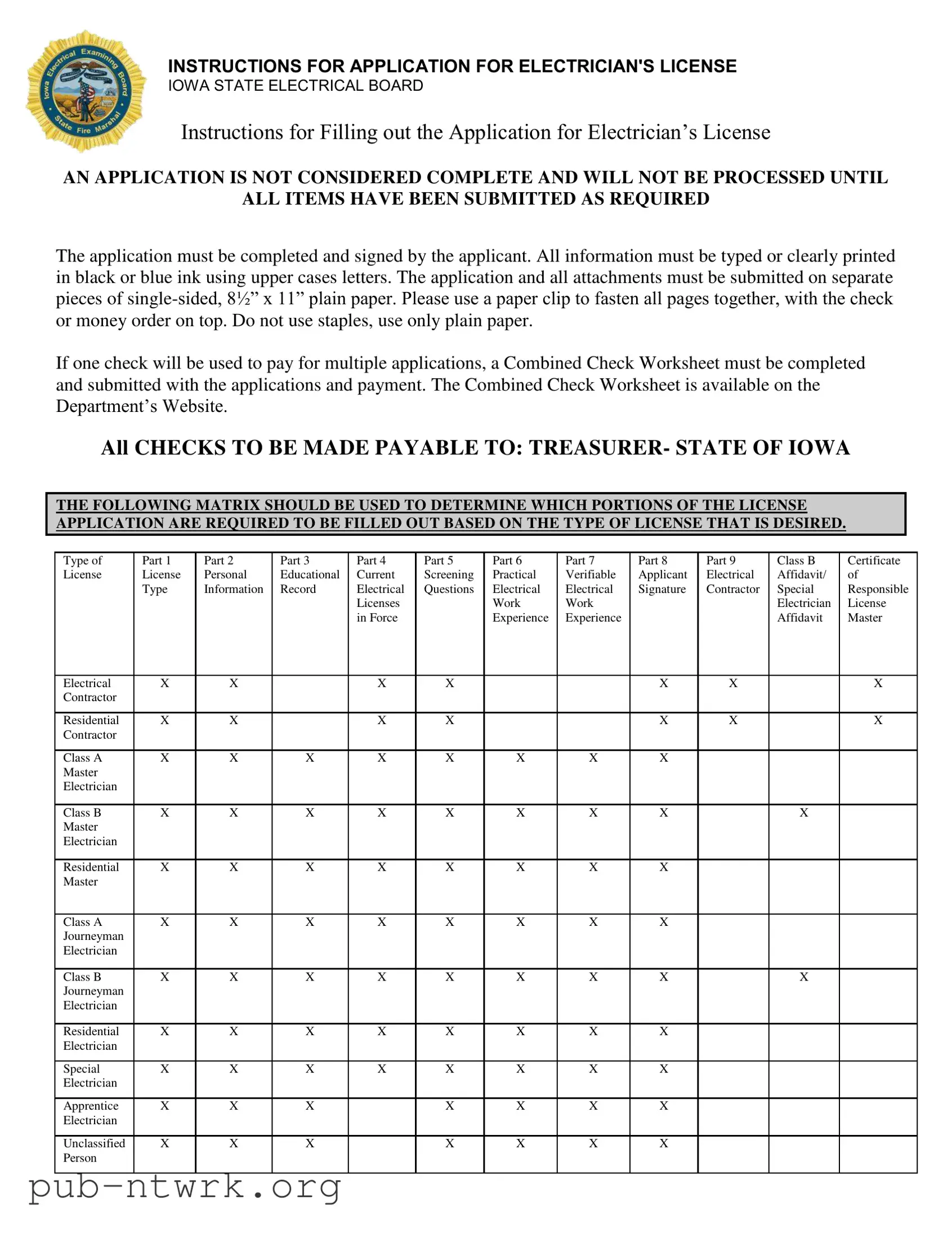 Blank Iowa Electrician License Application PDF Form
