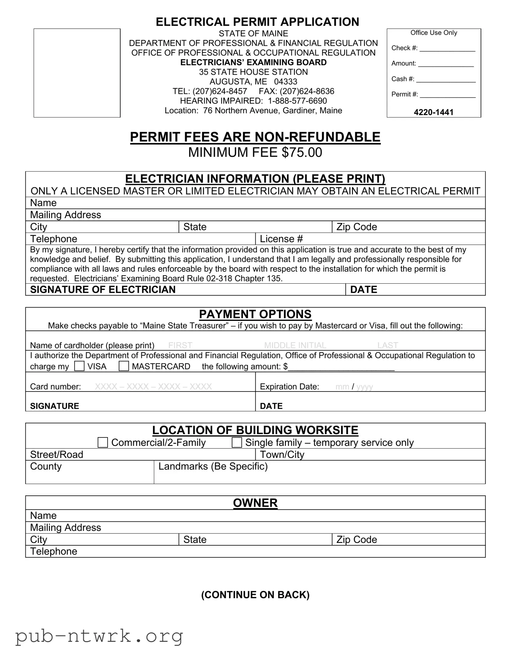 Blank Maine Electrical Permit PDF Form