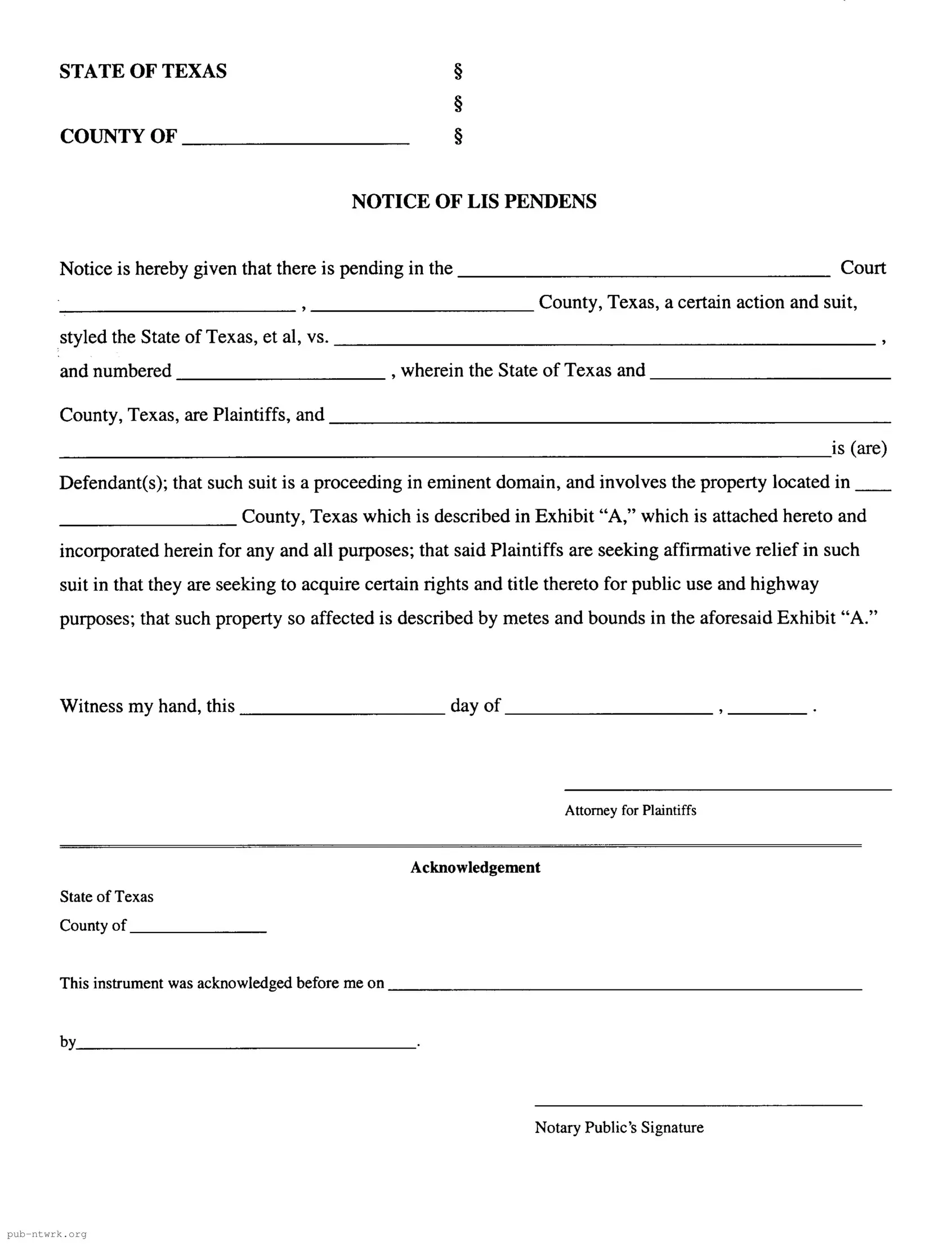 Blank Lis Pendens Texas PDF Form