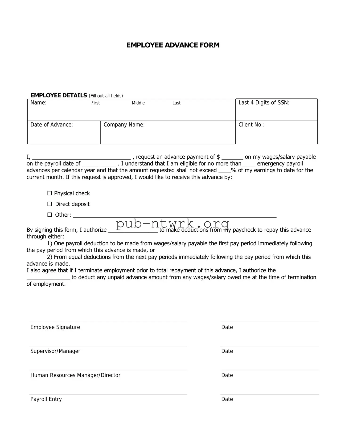 Blank Employee Advance PDF Form