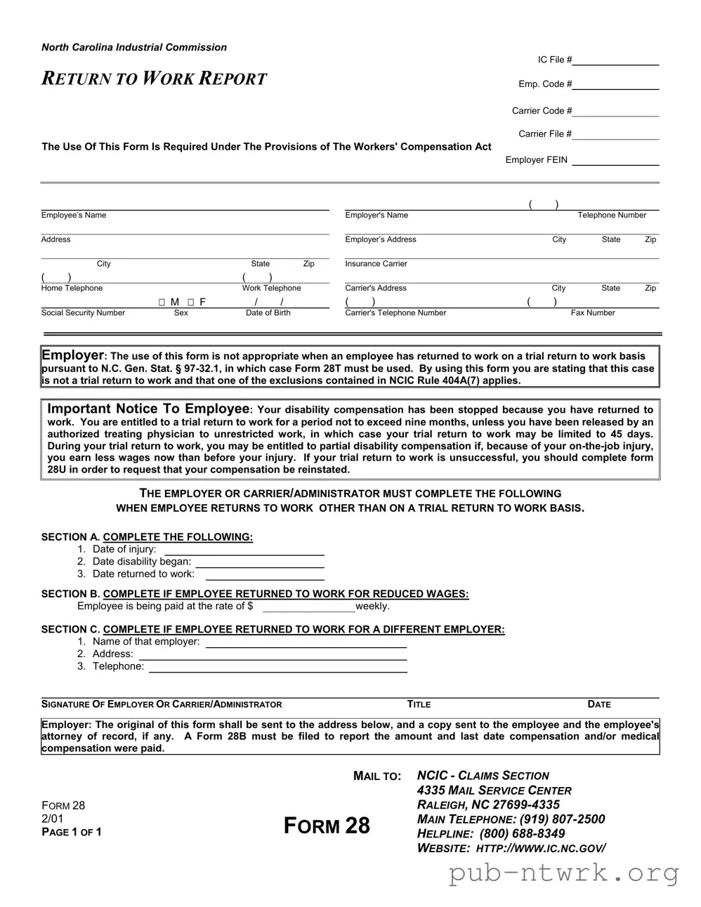 Blank North Carolina 28 PDF Form